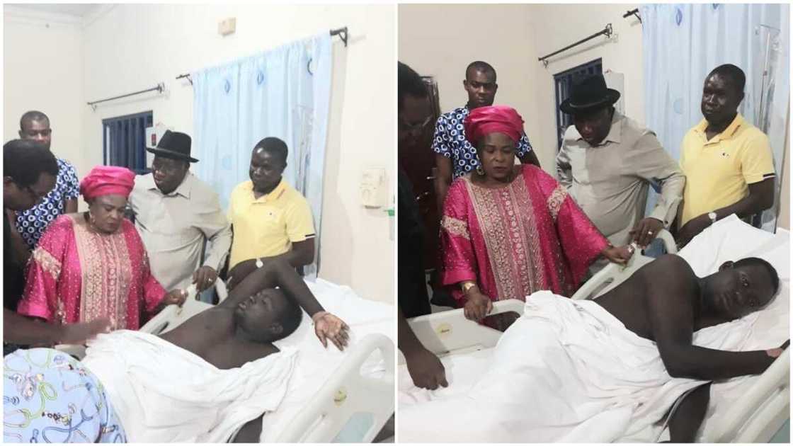 Patience and Goodluck Jonathan at the hospital, checking on the corporal's well-being. Patience and Goodluck Jonathan at the hospital, checking on the corporal's well-being.
