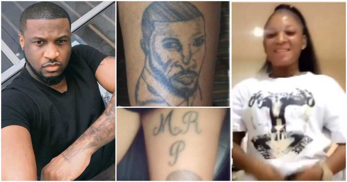 Lady tattoos Peter Okoye's face on laps. Lady tattoos Peter Okoye's face on laps.