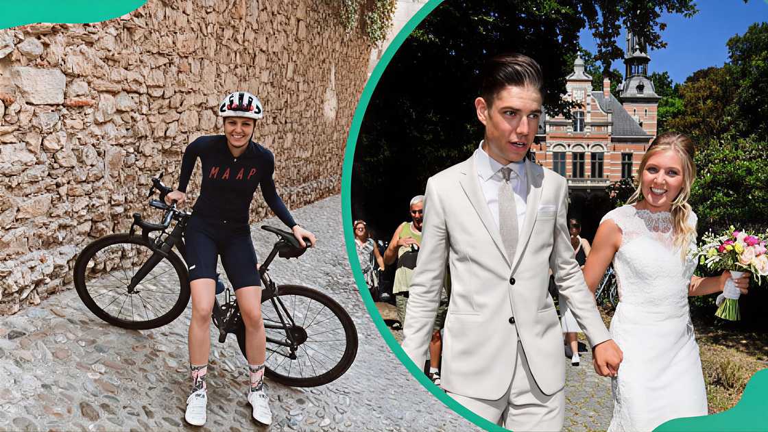 Sarah De Bie resting on her bike, and Wout Van Aert and Sarah De Bie stroll down the outdoor aisle