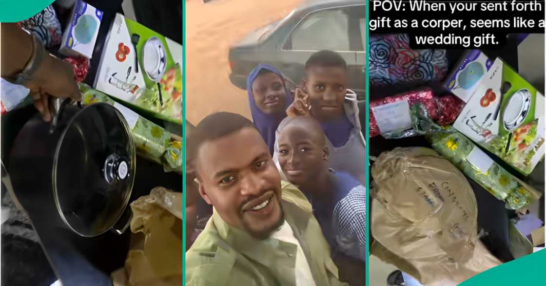 NYSC member displays sendoff gifts from PPA in Ibadan, Oyo state.