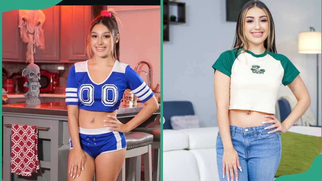 Violet Gems in blue outfit and in a t-shirt and jeans