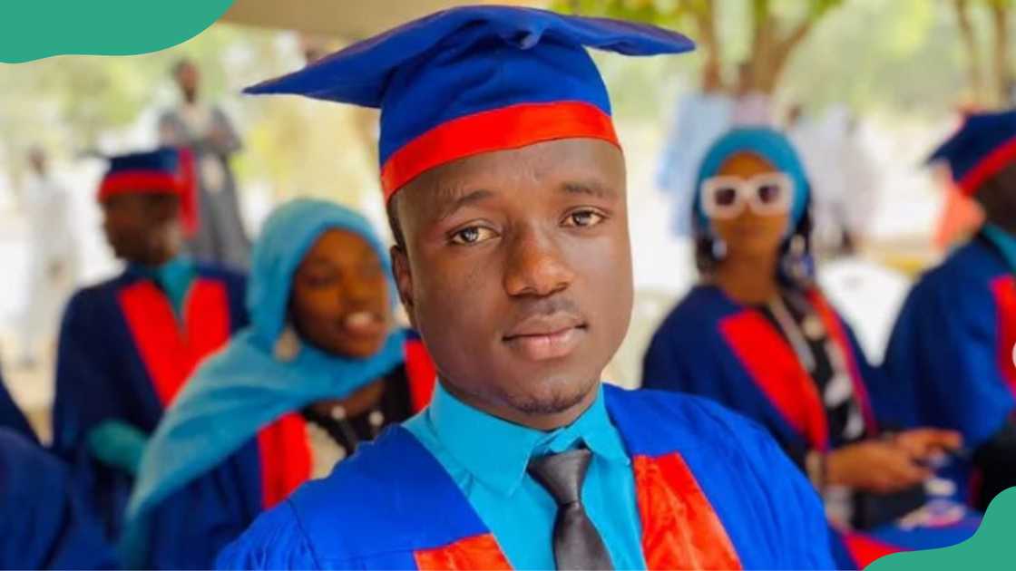 College of Health Technology Ningi student with a blue graduation gown. College of Health Technology Ningi student with a blue graduation gown.