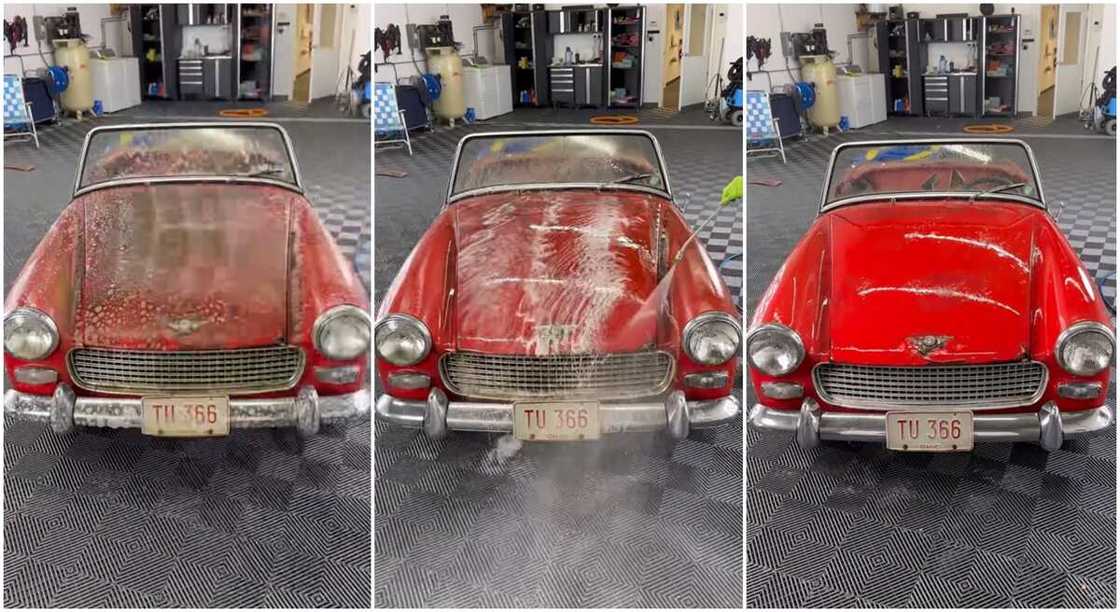 Photos of an old car being washed after 31 years.