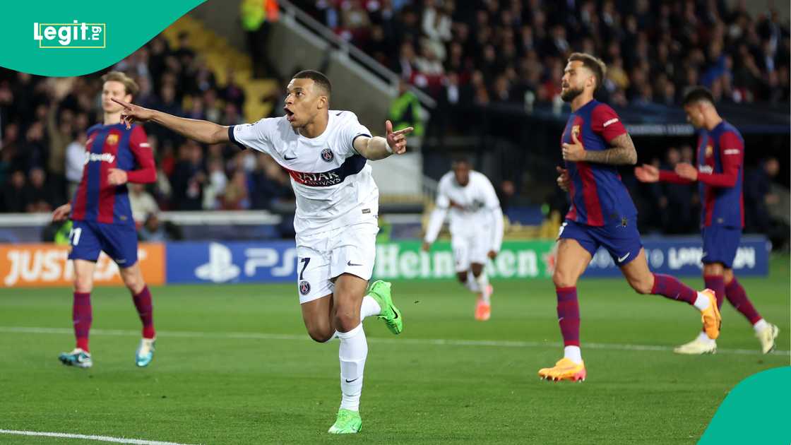 Kylian Mbappe of Paris Saint-Germain celebrates scoring against FC Barcelona. Photo by Clive Brunskill Kylian Mbappe of Paris Saint-Germain celebrates scoring against FC Barcelona. Photo by Clive Brunskill