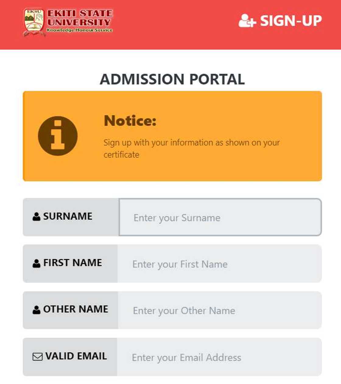 A screenshot of a section of the Ekiti State University application form A screenshot of a section of the Ekiti State University application form