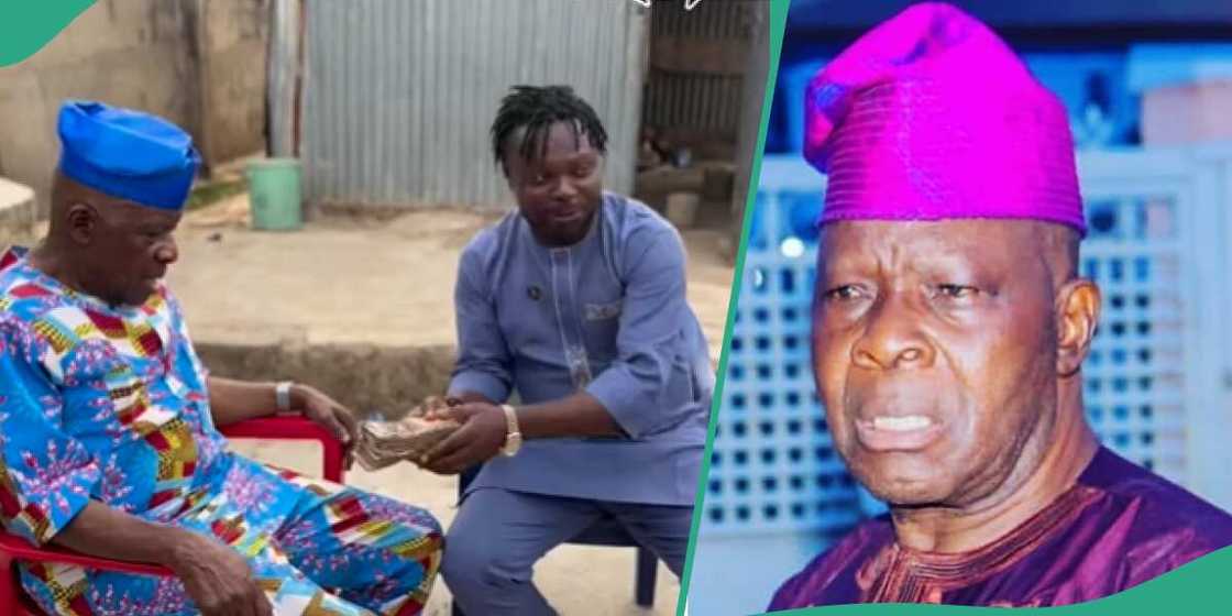 Actor Baba Wande reacts as Kunle Afod gives him money from fans. Actor Baba Wande reacts as Kunle Afod gives him money from fans.