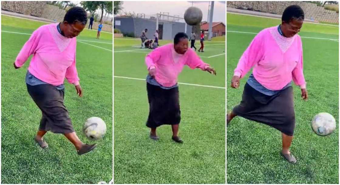 Photos of an old woman playing football. Photos of an old woman playing football.