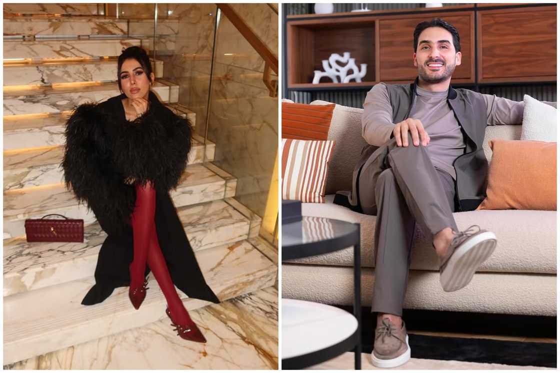 Hajar Asli in a black dress sits on a staircase (L). Mohammed Nasrollah smiles while sitting on a coach (R).