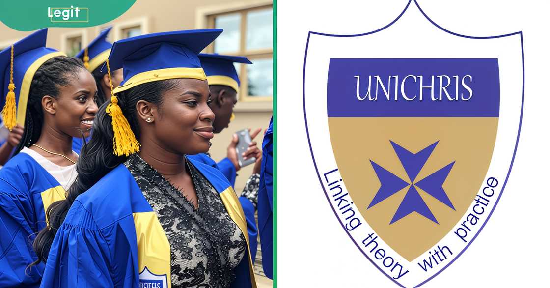Two graduating Christopher University students (L). The Christopher University logo (R) Two graduating Christopher University students (L). The Christopher University logo (R)
