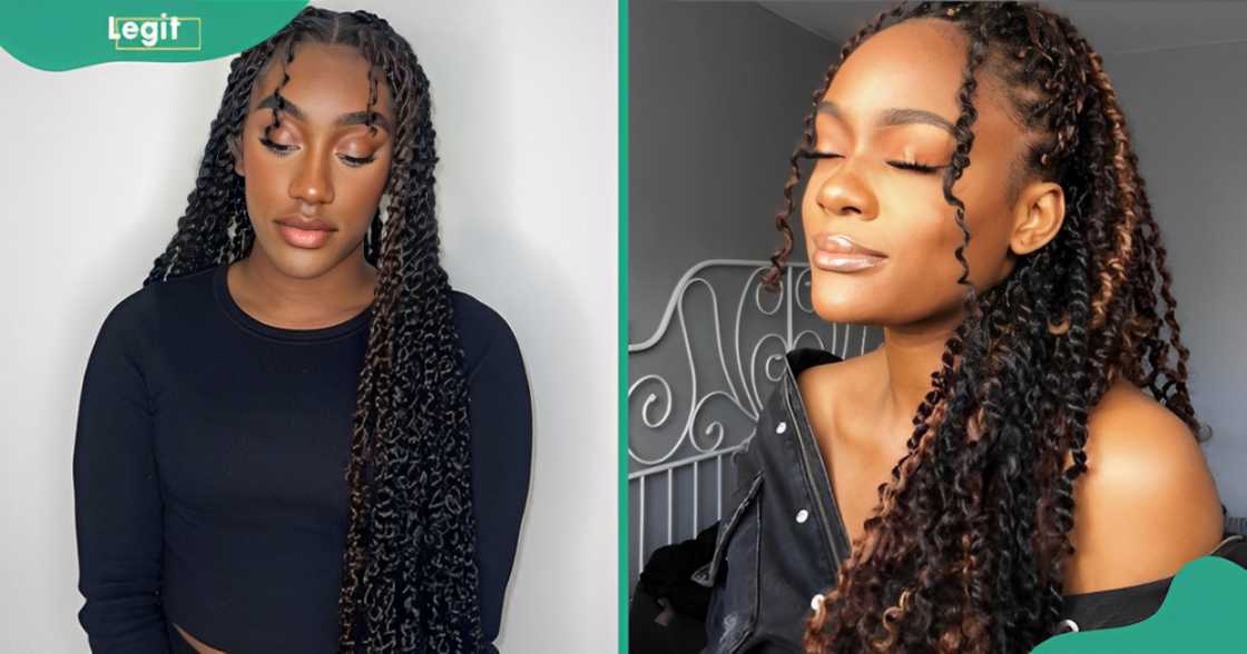 Two women show off their passion twists with bangs. Two women show off their passion twists with bangs.