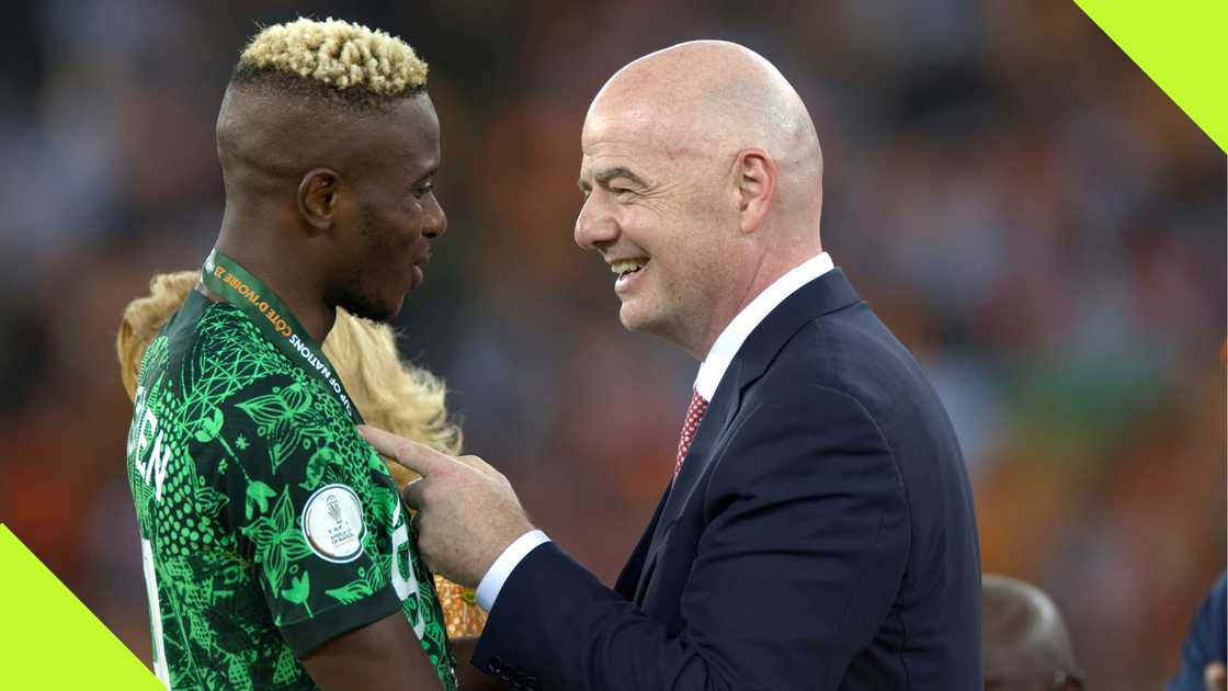 Victor Osimhen and Gianni Infantino after Nigeria lost AFCON 2023. Victor Osimhen and Gianni Infantino after Nigeria lost AFCON 2023.