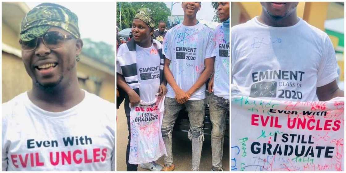 Man mocks his evil uncles with inscription on white polo as he graduates from school Man mocks his evil uncles with inscription on white polo as he graduates from school
