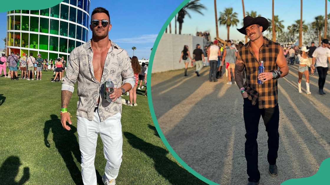 Vince Sant posing in a field with a bottle of water (L). Vince Sant walking along the road with a drink in his hand (R). Vince Sant posing in a field with a bottle of water (L). Vince Sant walking along the road with a drink in his hand (R).