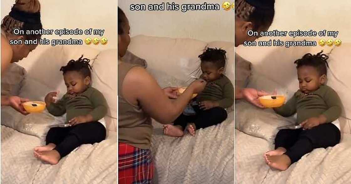 Grandma kneels to serve boy