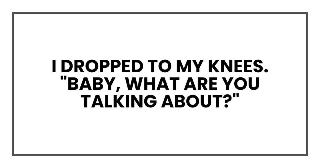 I dropped to my knees. "Baby, what are you talking about?" I dropped to my knees. "Baby, what are you talking about?"