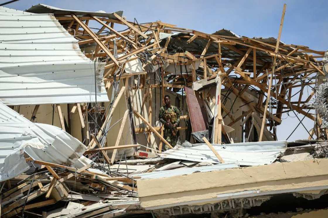 The hotel building sustained heavy damage during the gunfight between Somali forces and the militants The hotel building sustained heavy damage during the gunfight between Somali forces and the militants