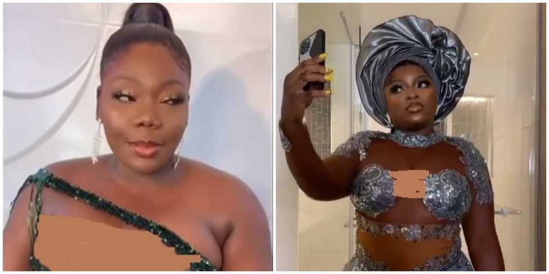 Two ladies dressed in revealing asoebi outfits. Two ladies dressed in revealing asoebi outfits.