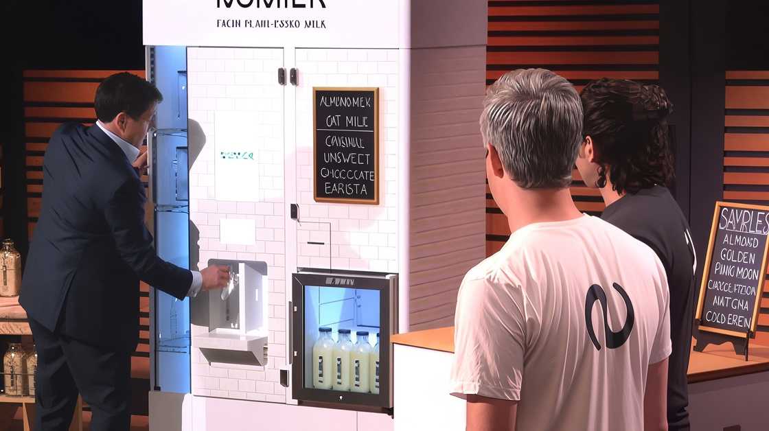 Mark Cuban uses the plant-based milk machine as the Numilk founders watch on