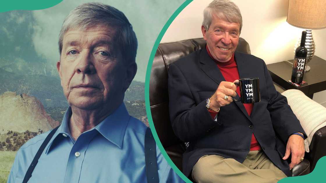 Joe Kenda in formal attire with a serious expression (L). The former lieutenant seated casually in a chair, holding a mug (R)