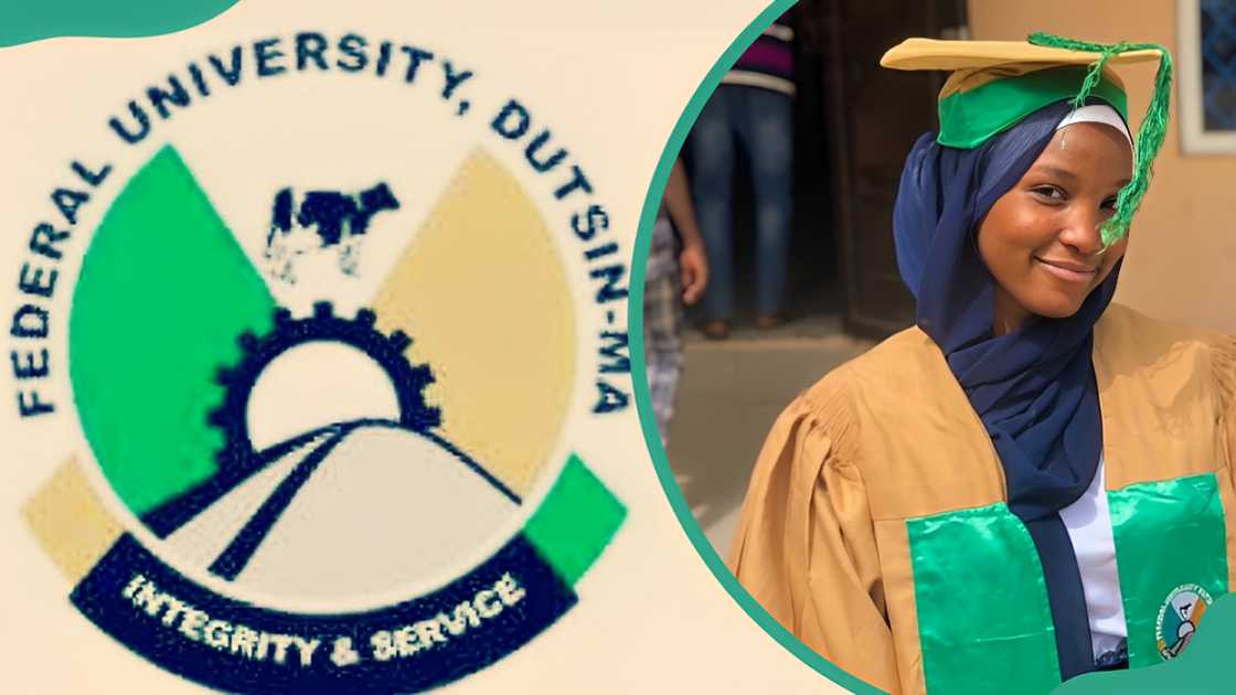 FUDMA logo (L). A Federal University Dutsin-Ma graduate (R).