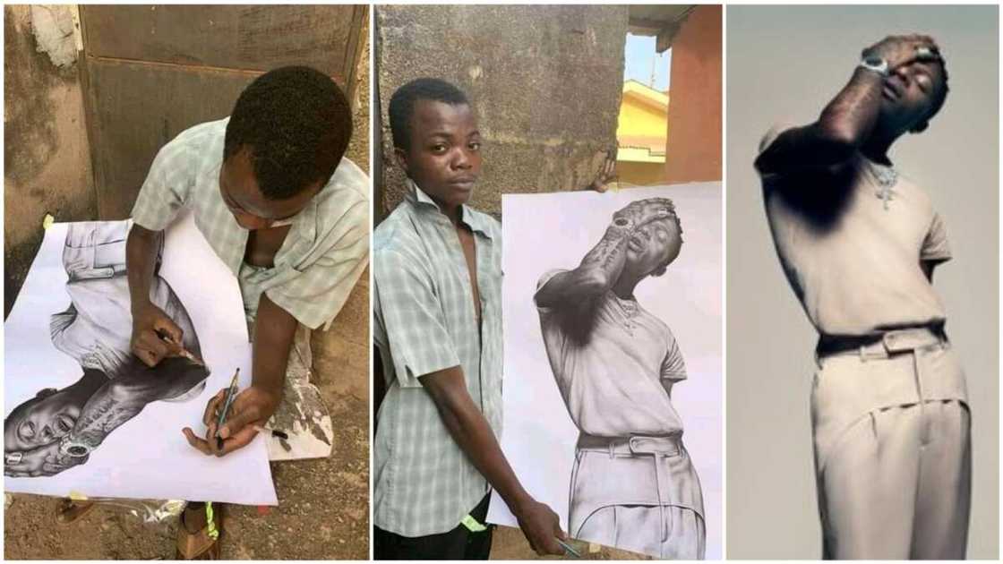 Young man wows many people, recreates Wizkid's album cover with pencil