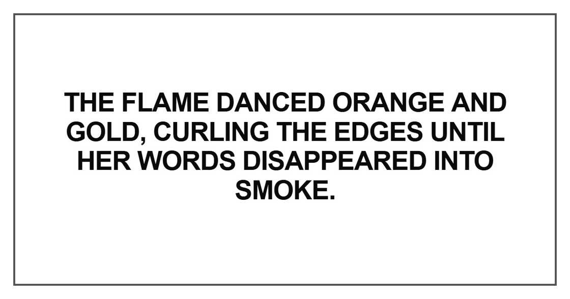 The flame danced orange and gold, curling the edges until her words disappeared into smoke