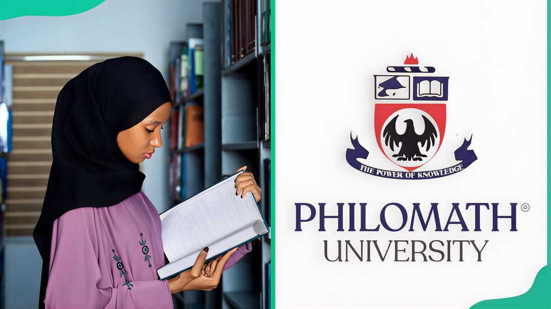 Philomath University student reading a book and the university logo Philomath University student reading a book and the university logo