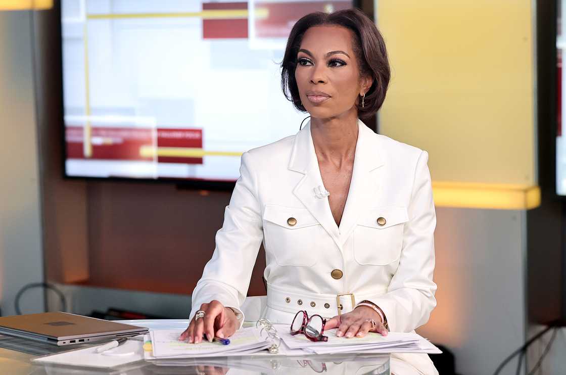 Host Harris Faulkner on set during "The Faulkner Focus" at Fox News Channel Studios in New York City