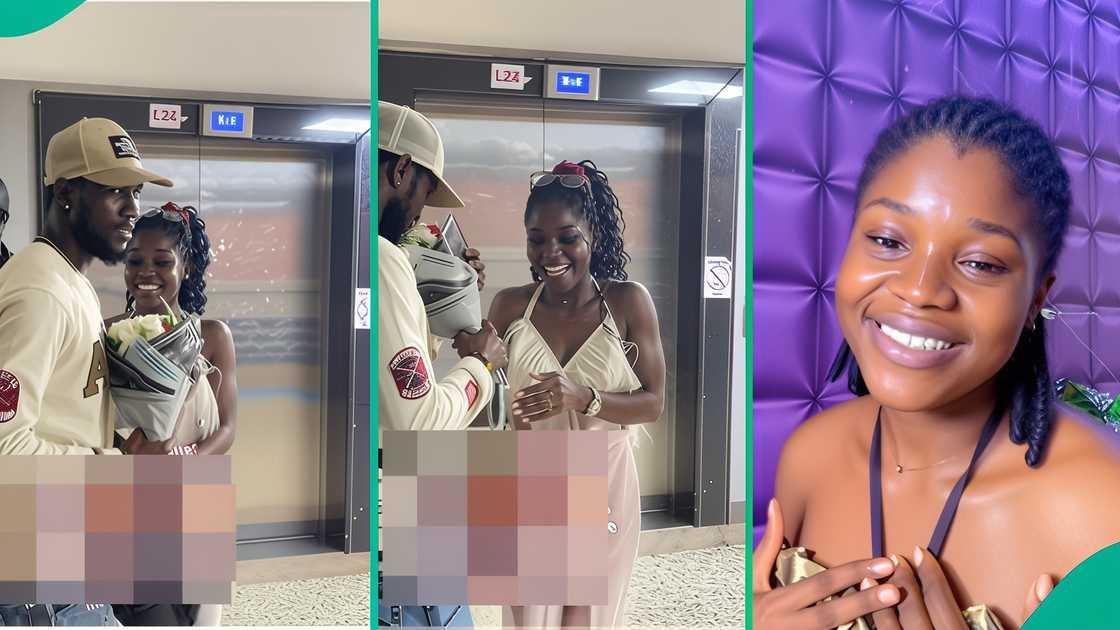 A lady celebrates as she meets her husband of 3 years for first time