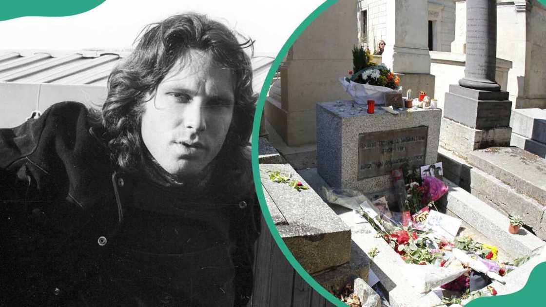 Jim Morrison posing outside (L) and his tomb at the Pere Lachaise cemetery in Paris (R) Jim Morrison posing outside (L) and his tomb at the Pere Lachaise cemetery in Paris (R)
