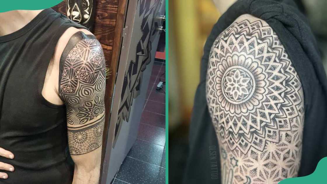 Dotwork half-sleeve tattoos covering the elbow
