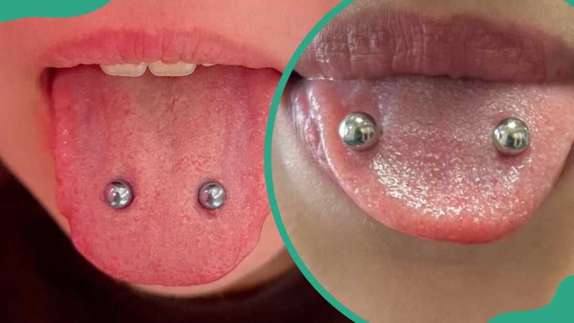Two women with a tongue snake bite piercing Two women with a tongue snake bite piercing
