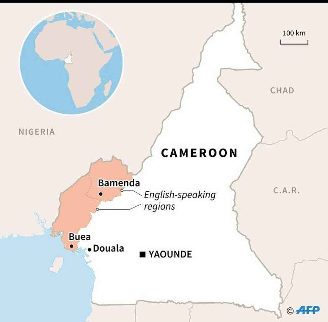 Cameroon's Northwest and Southwest Regions and their respective capitals, Bamenda and Buea Cameroon's Northwest and Southwest Regions and their respective capitals, Bamenda and Buea