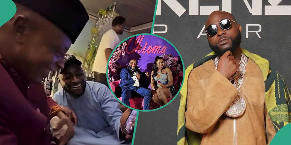 Davido and Bright Chimezie speak with Chioma's mother over the phone. Davido and Bright Chimezie speak with Chioma's mother over the phone.