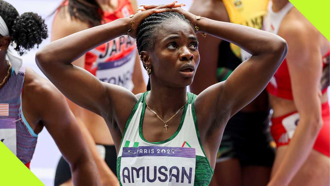 Tobi Amusan reacts after failing to reach the women's hurdles final. Tobi Amusan reacts after failing to reach the women's hurdles final.