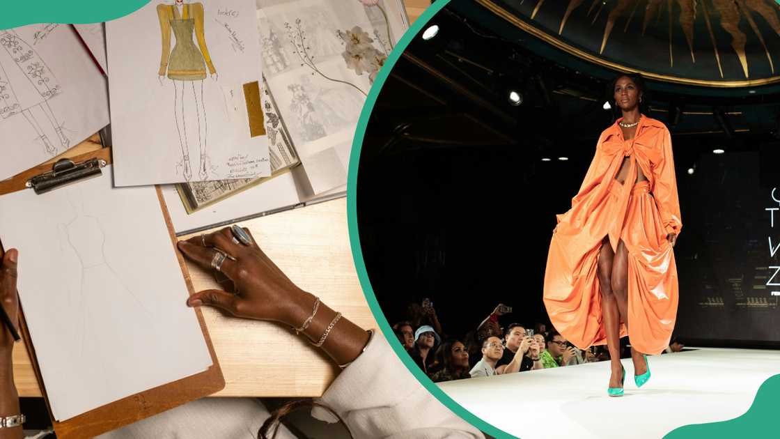 A fashion designer sketching designs and a model in an orange outfit walking the runway