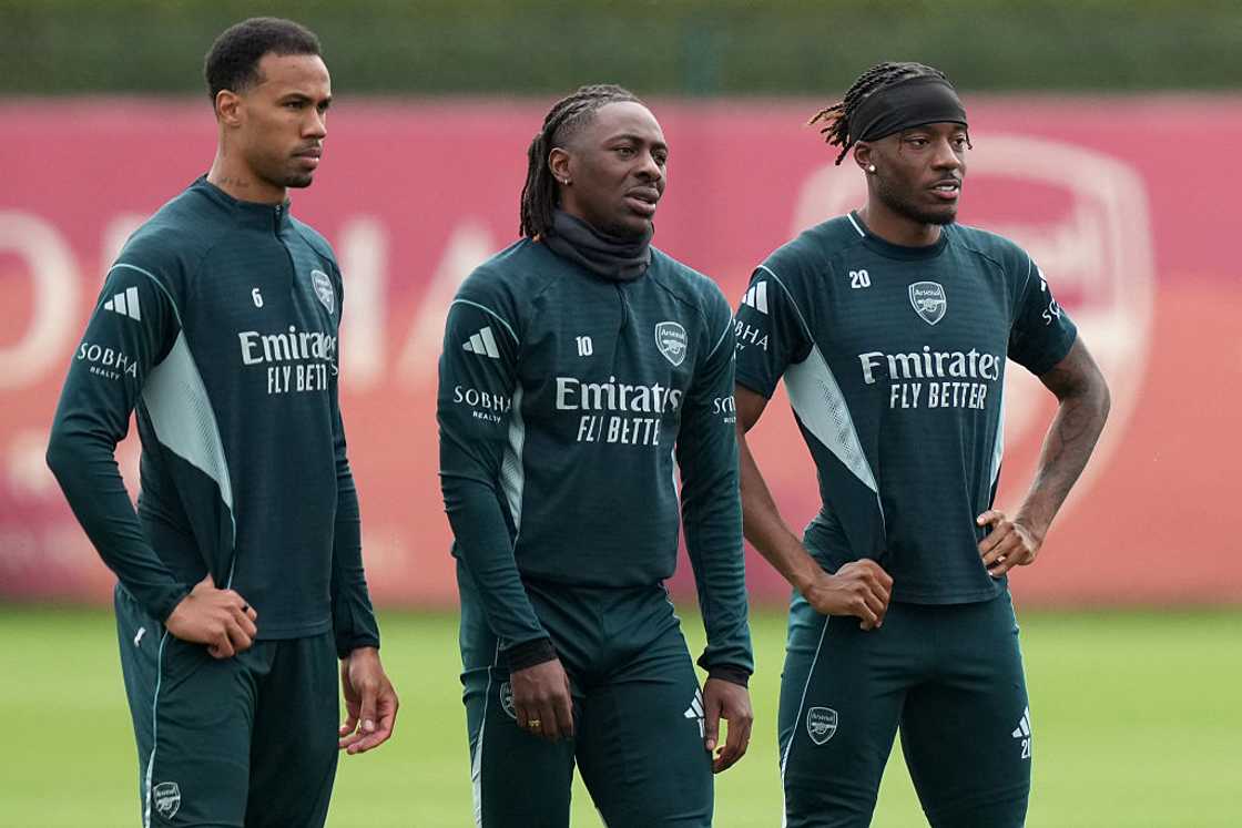 Arsenal footballers Gabriel Magalhaes, Eberechi Eze, and Noni Madueke