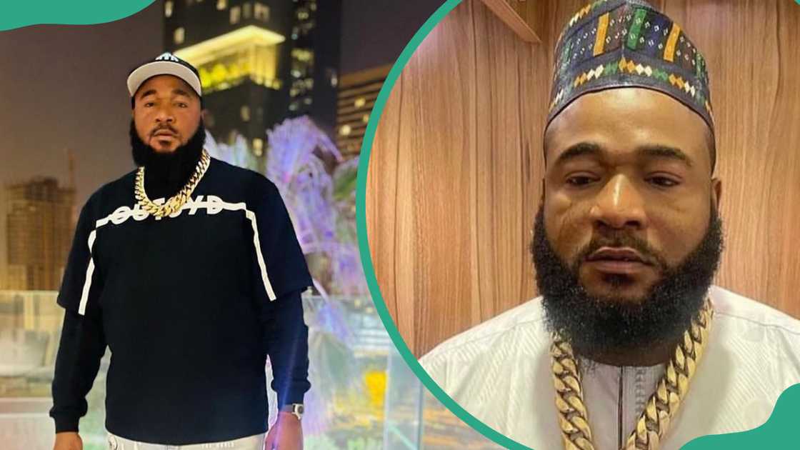 Sam Larry dressed in black with chain. (L). Sam Larry wearing traditional outfit with hat. (R). Sam Larry dressed in black with chain. (L). Sam Larry wearing traditional outfit with hat. (R).