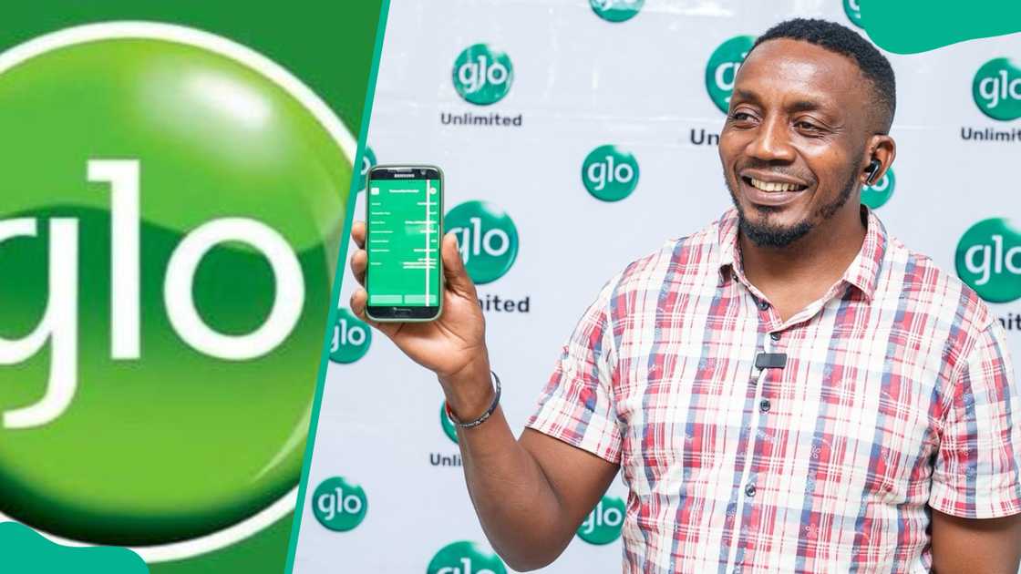 Glo logo and a subscriber of the mobile service holding his phone