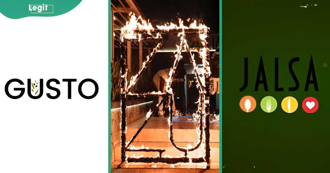 Logos of Gusto and Jalsa Restaurants and a lighted Zazu Bar & Restaurant logo.