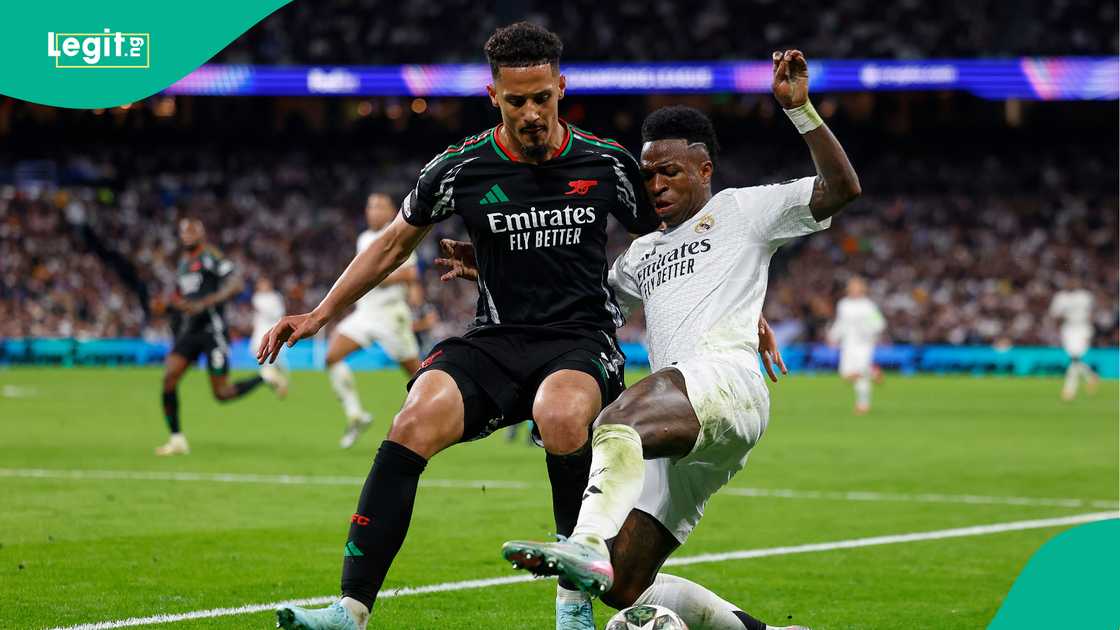 William Saliba, Vinicius Jr, Arsenal, Real Madrid, UEFA Champions League, Santiago Bernabeu.