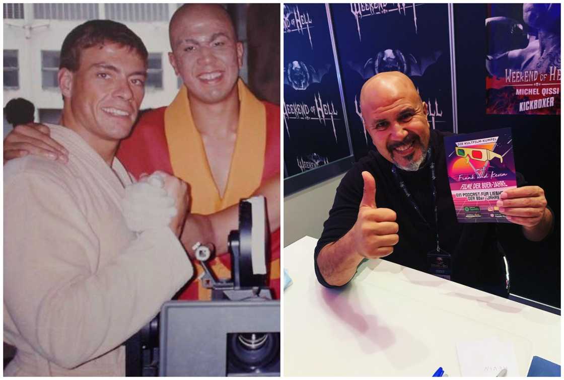 Michel Oissi poses for a photo with Jean Claude Van Damme (L). The actor smiles after signing a picture (R) Michel Oissi poses for a photo with Jean Claude Van Damme (L). The actor smiles after signing a picture (R)