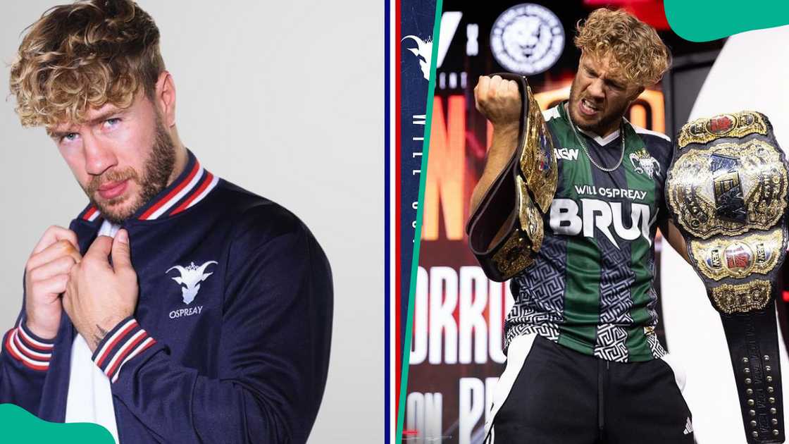 Will Ospreay posing for a photo (L). The wrestler showcases his belts (R)