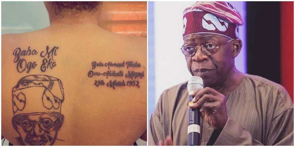 Lady massively snubs Nigerian celebrities, tattoos Bola Tinubu's face, name and date of birth on her back Lady massively snubs Nigerian celebrities, tattoos Bola Tinubu's face, name and date of birth on her back
