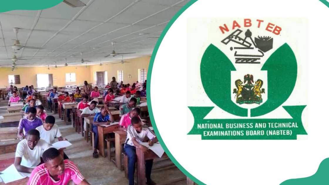 Students doing exams (L) and the NABTEB logo