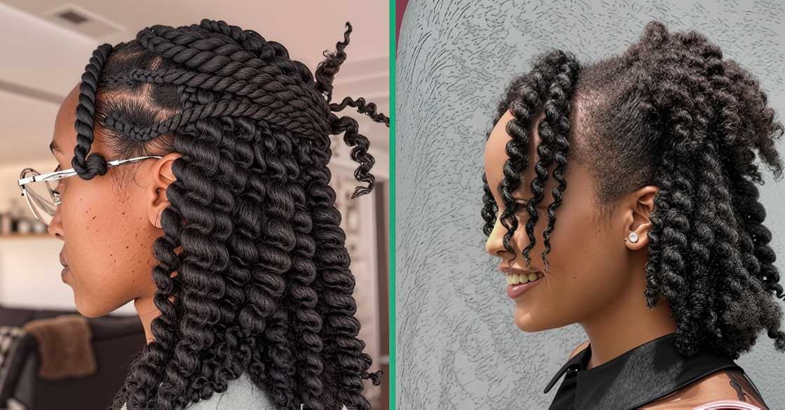 Twist-outs held in various half-up, half-down hairstyles.