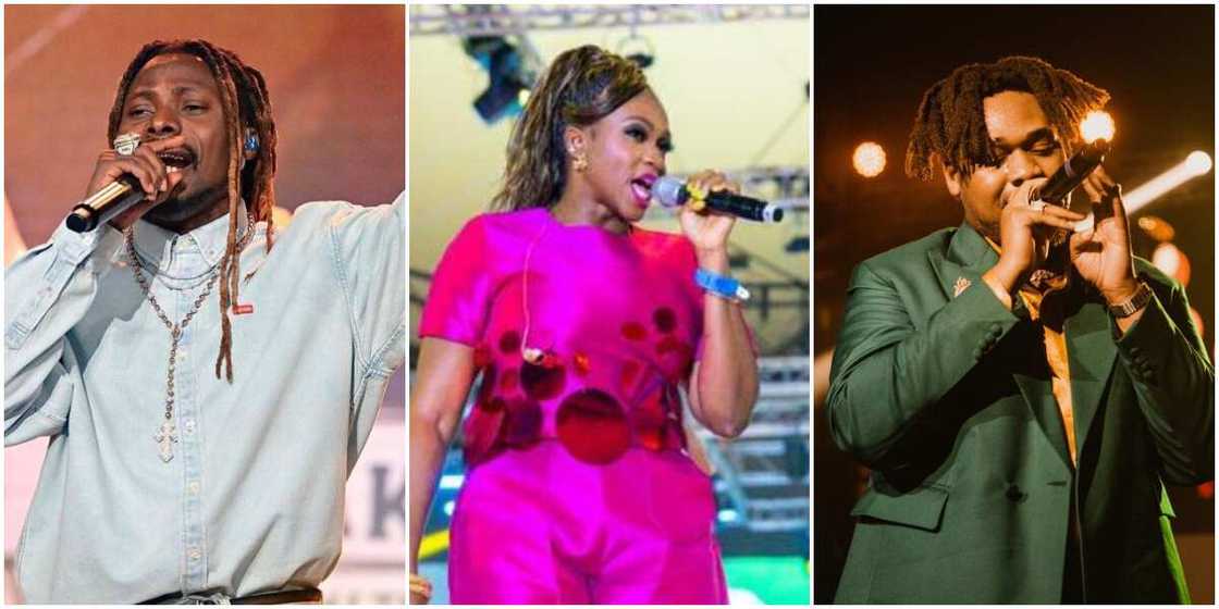 Asake performing on stage, Waje performaing at Tinubu's inauguration concert, Buju BNXN singing on stage