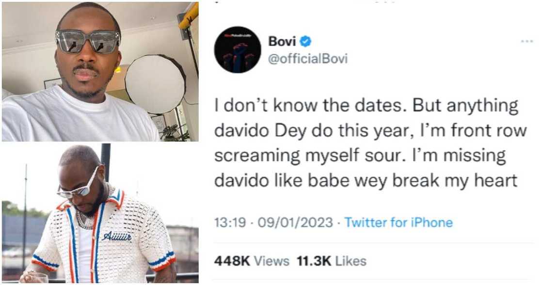 Bovi speaks on missing Davido. Bovi speaks on missing Davido.