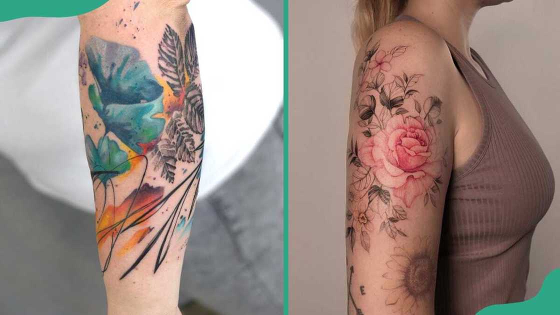Flower watercolour half-sleeve tattoos