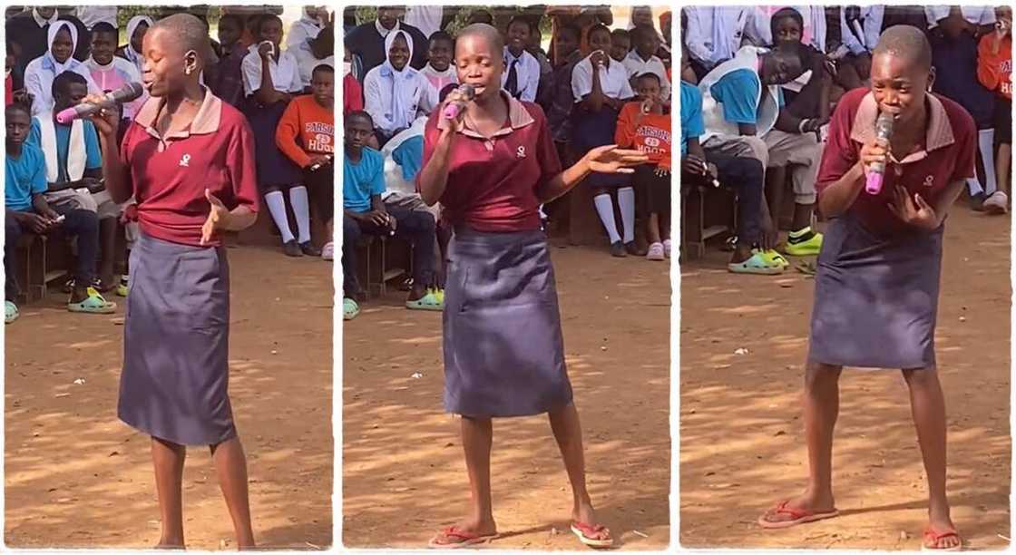 Photos of a girl singing in public.